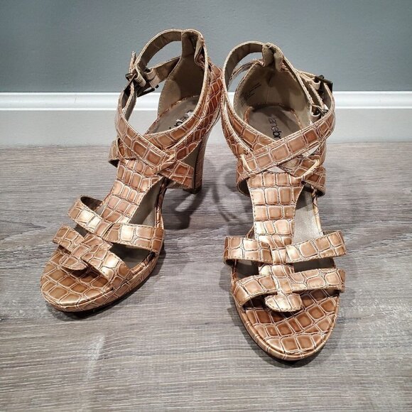 Lane Bryant Women's Brown Faux Reptile Double Strap Heels Shoes Open Toe SZ 9W - Picture 1 of 15